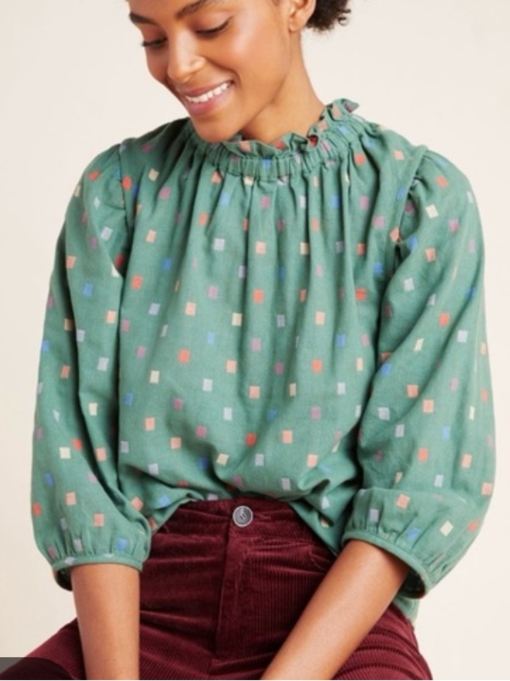 Anthropologie Ro & De Green Smocked Neck Isabetta Blouse with Multicolor Squares